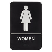 A black rectangular Women Restroom Sign features a white female stick figure above a line, with "WOMEN" in bold letters below and small raised braille dots, making it an ADA Compliant Braille Sign for accessible restrooms.