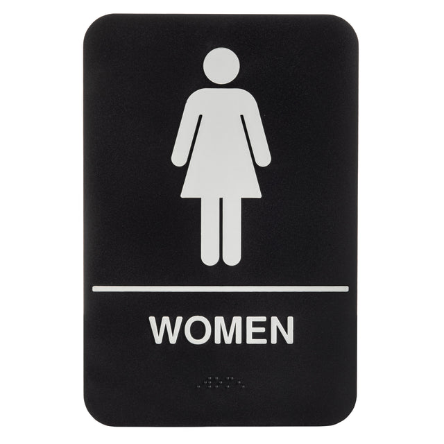 A black rectangular Women Restroom Sign features a white female stick figure above a line, with "WOMEN" in bold letters below and small raised braille dots, making it an ADA Compliant Braille Sign for accessible restrooms.