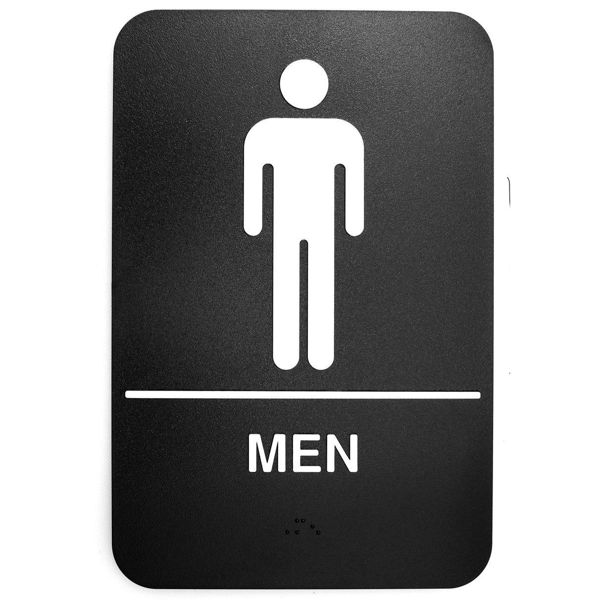 A black rectangular Men Restroom Sign with rounded corners features a white male stick figure above a line. Below, "MEN" appears in white uppercase letters, with Braille dots for accessibility, making it an ADA Compliant Braille Sign.