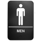 A black rectangular Men Restroom Sign with rounded corners features a white male stick figure above a line. Below, "MEN" appears in white uppercase letters, with Braille dots for accessibility, making it an ADA Compliant Braille Sign.