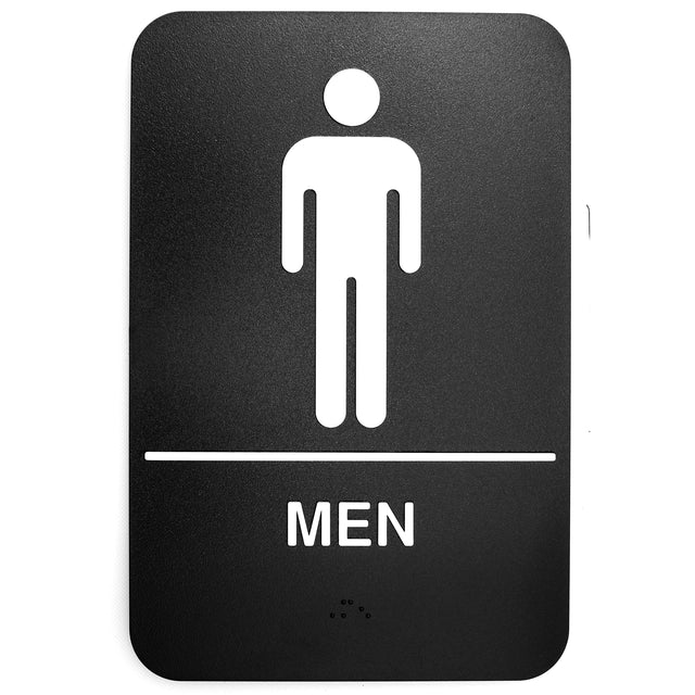 A black rectangular Men Restroom Sign with rounded corners features a white male stick figure above a line. Below, "MEN" appears in white uppercase letters, with Braille dots for accessibility, making it an ADA Compliant Braille Sign.