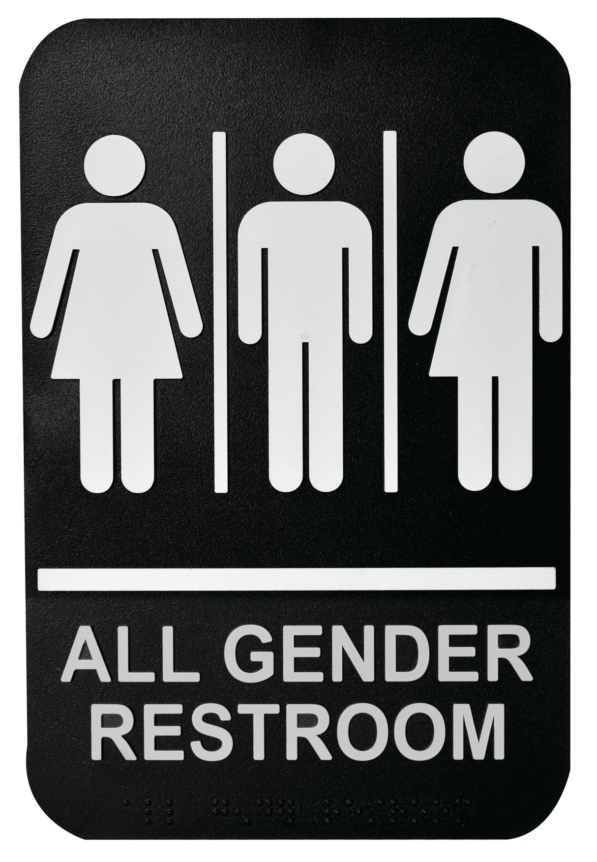 A black and white restroom sign shows three symbols: one in a dress, one in pants, and one in half dress, half pants. Bold text below reads “ALL GENDER RESTROOM.” Lines separate the figures; perfect as an All Gender Restroom or Braille sign.