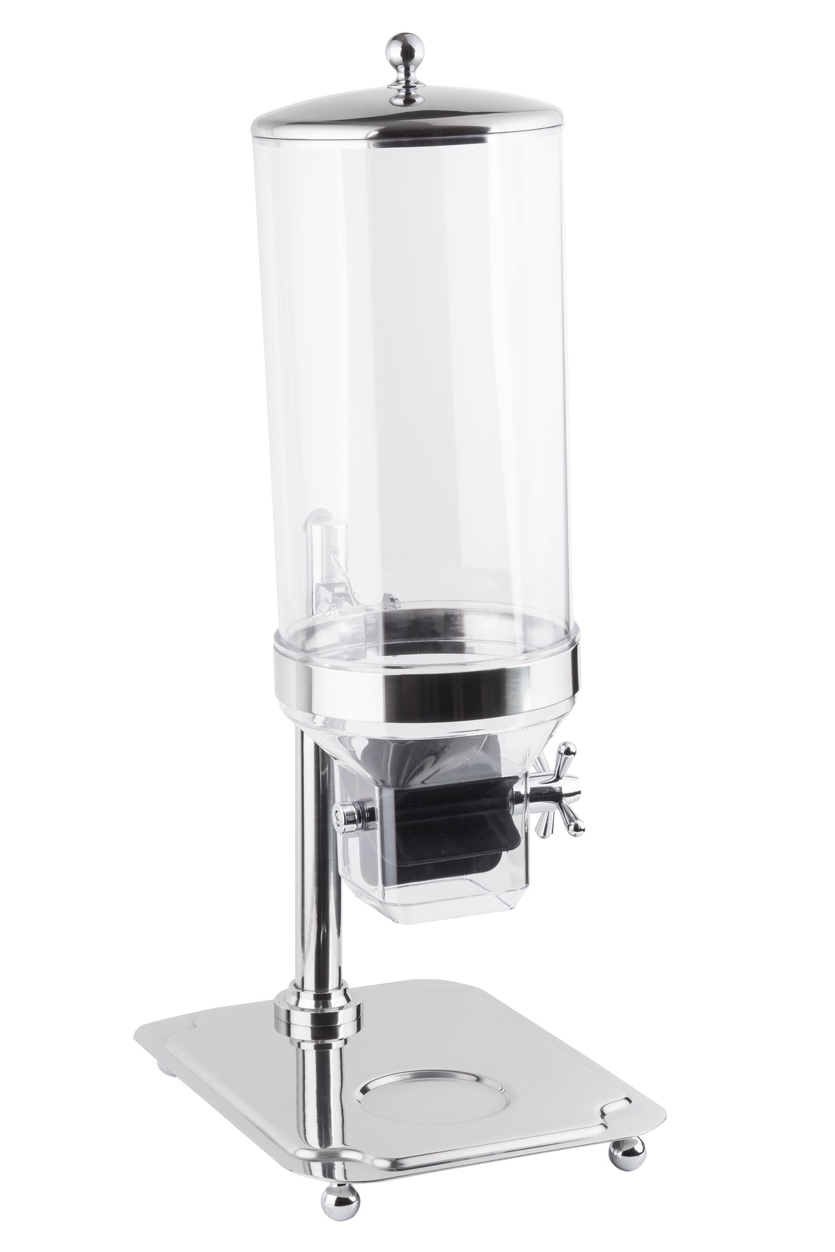 A tall, cylindrical beverage dispenser with a clear polycarbonate body and shiny metal base and lid. It features a spigot for dispensing drinks, a drip tray below, and is ideal for serving cold beverages at buffets or events.