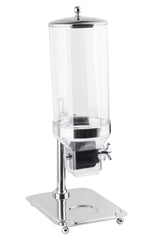A tall, cylindrical beverage dispenser with a clear polycarbonate body and shiny metal base and lid. It features a spigot for dispensing drinks, a drip tray below, and is ideal for serving cold beverages at buffets or events.
