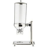 A stainless steel and clear polycarbonate cereal dispenser with a tall cylindrical container, star-shaped rotating dispenser, and a sturdy rectangular metal base with a cutout for a bowl. The dispenser is dishwasher safe and mounted on a vertical stand.