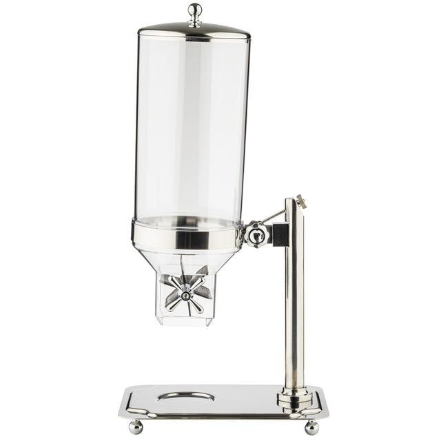 A stainless steel and clear polycarbonate cereal dispenser with a tall cylindrical container, star-shaped rotating dispenser, and a sturdy rectangular metal base with a cutout for a bowl. The dispenser is dishwasher safe and mounted on a vertical stand.