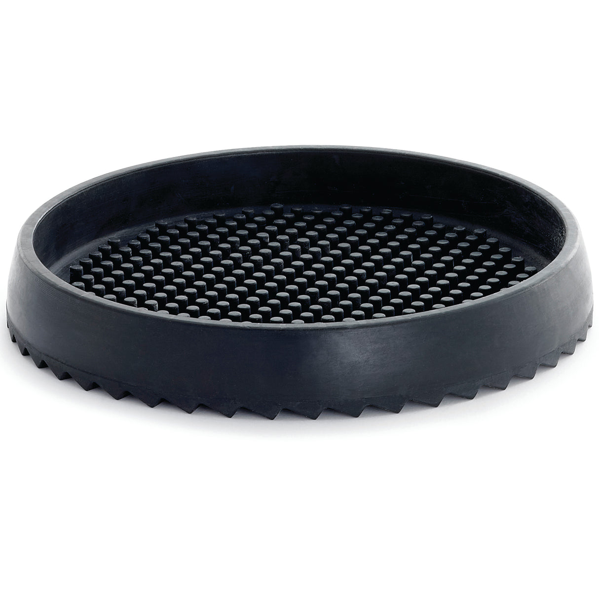 A round, shallow black rubber drip tray with a raised, textured surface of evenly spaced bumps. The smooth outer edge is slightly angled, while the bottom features a jagged, saw-like pattern for grip. The mat sits on a white background.