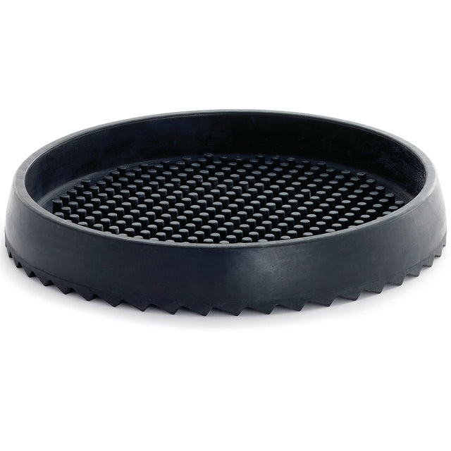 A round, shallow black rubber drip tray with a raised, textured surface of evenly spaced bumps. The smooth outer edge is slightly angled, while the bottom features a jagged, saw-like pattern for grip. The mat sits on a white background.