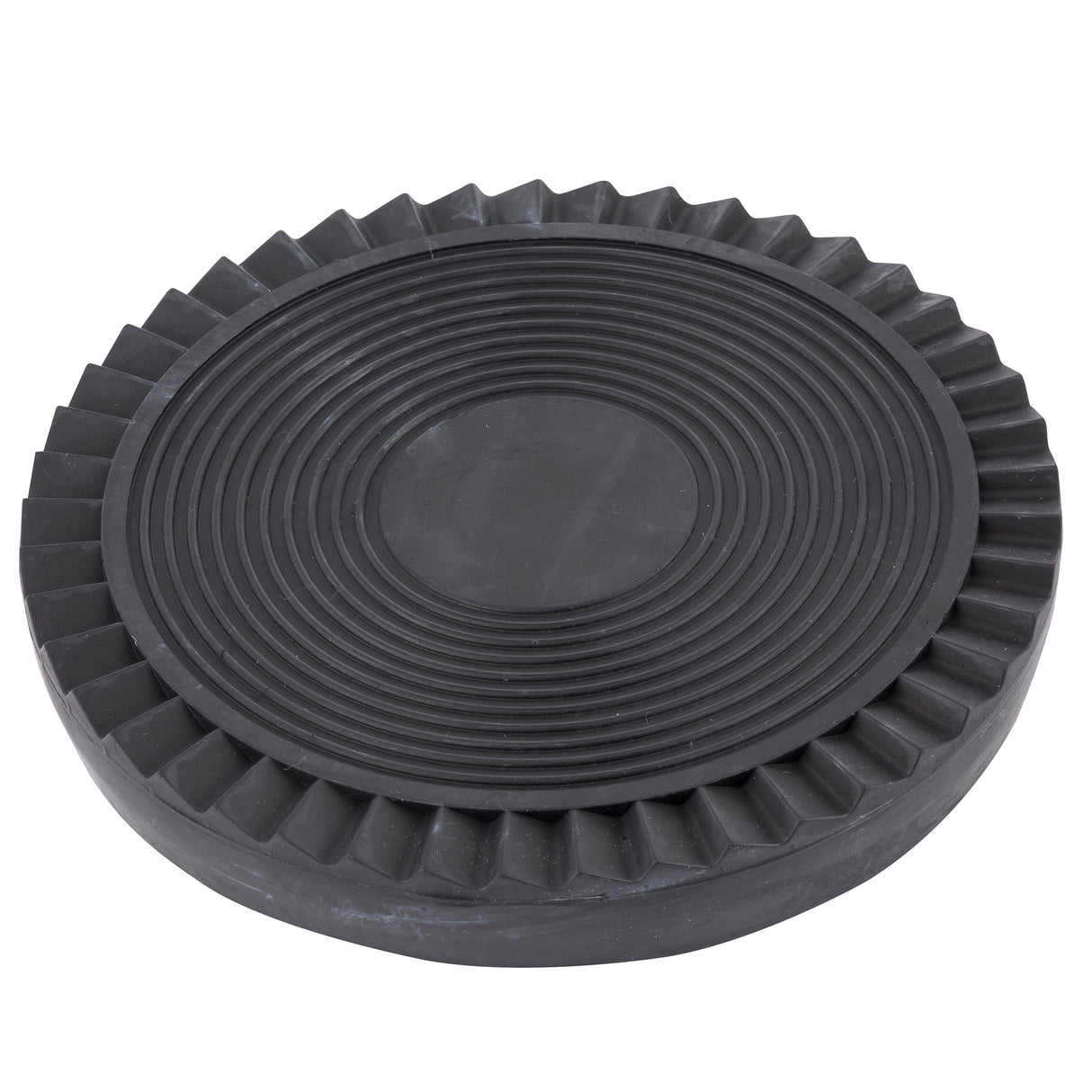 A round, black rubber drip tray with a textured surface. The center has concentric circular ridges, and the outer edge is fluted with angled grooves. Thick and sturdy, it's likely used as a protective or anti-slip pitcher drip tray for equipment or vehicles.