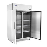 A large, stainless steel reach-in refrigerator with double doors, one door open to reveal empty wire shelves inside. The exterior is shiny and reflective, featuring handles on both doors and small wheels on the bottom for mobility—perfectly suited as an Atosa Refrigerator for any commercial setting.
