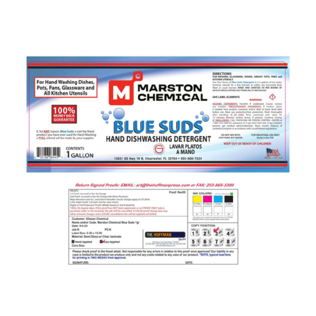 Marston Chemical 300160 Blue Suds Detergent 1 Gallon For Hand Washing Dishes