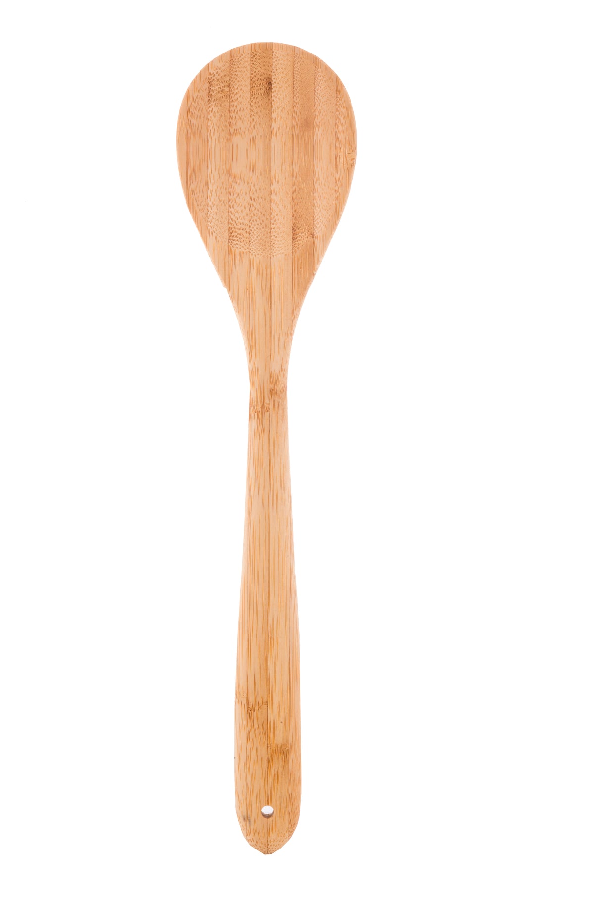 A single 14 inch bamboo spoon with a rounded, wide bowl and a long handle, crafted from light-colored wood with visible grain patterns, is shown against a plain white background. Ideal for versatile use from TableCraft Products.