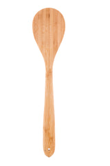 A single 14 inch bamboo spoon with a rounded, wide bowl and a long handle, crafted from light-colored wood with visible grain patterns, is shown against a plain white background. Ideal for versatile use from TableCraft Products.