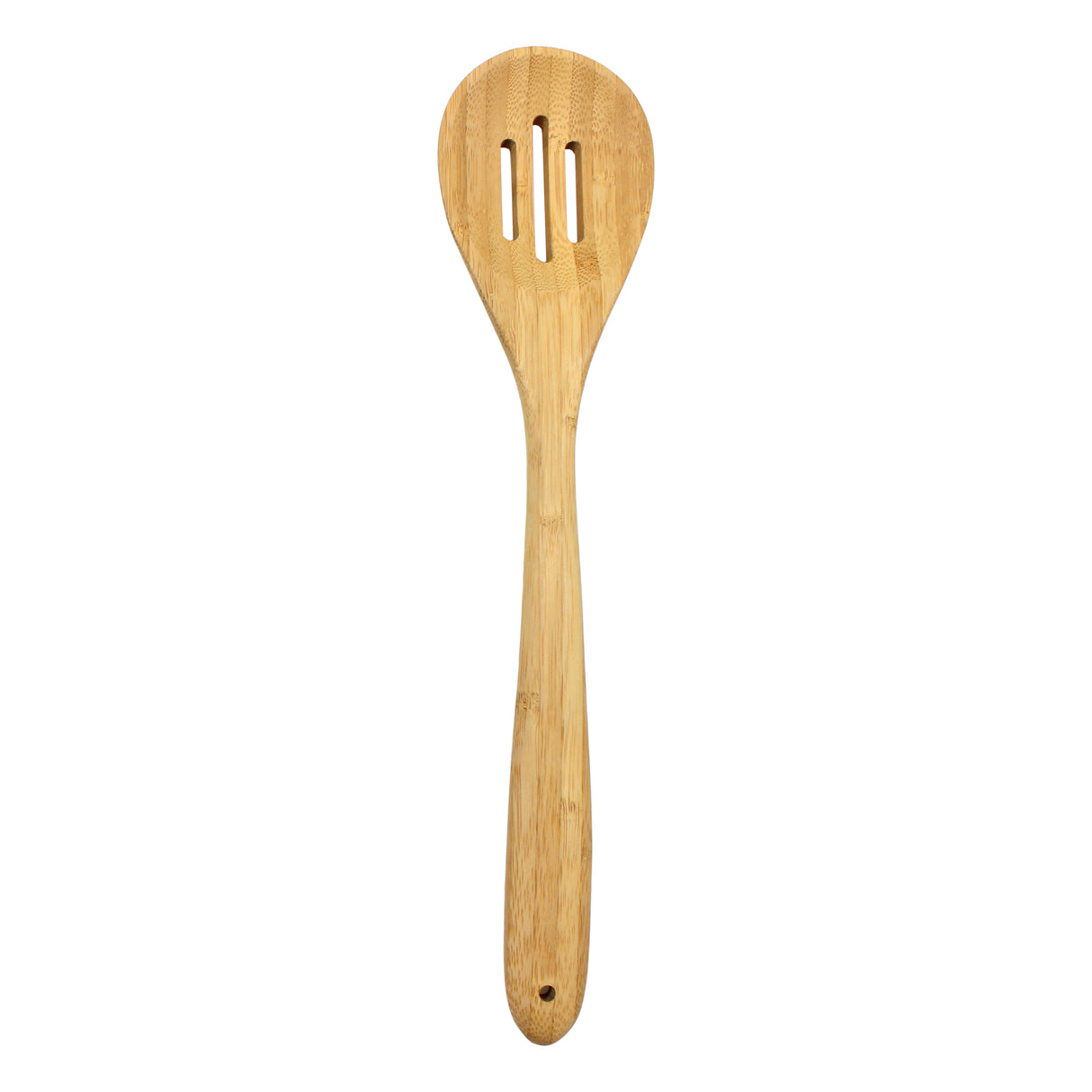 This TableCraft spoon is a 14 inch bamboo slotted spoon with a long handle and three vertical slots in its rounded head, perfect for stirring and draining food. The visible wood grain adds a natural touch, and the spoon is shown isolated on a white background.