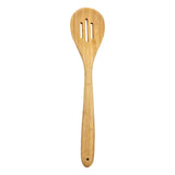 This TableCraft spoon is a 14 inch bamboo slotted spoon with a long handle and three vertical slots in its rounded head, perfect for stirring and draining food. The visible wood grain adds a natural touch, and the spoon is shown isolated on a white background.