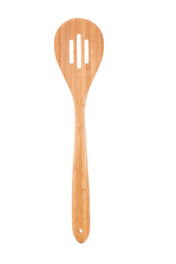 A 14 inch bamboo slotted spoon with a rounded head featuring three vertical slots, and a long handle with a small hole at the end, isolated on a white background.