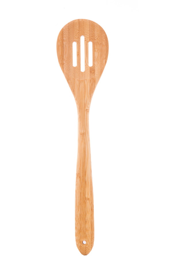 A 14 inch bamboo slotted spoon with a rounded head featuring three vertical slots, and a long handle with a small hole at the end, isolated on a white background.