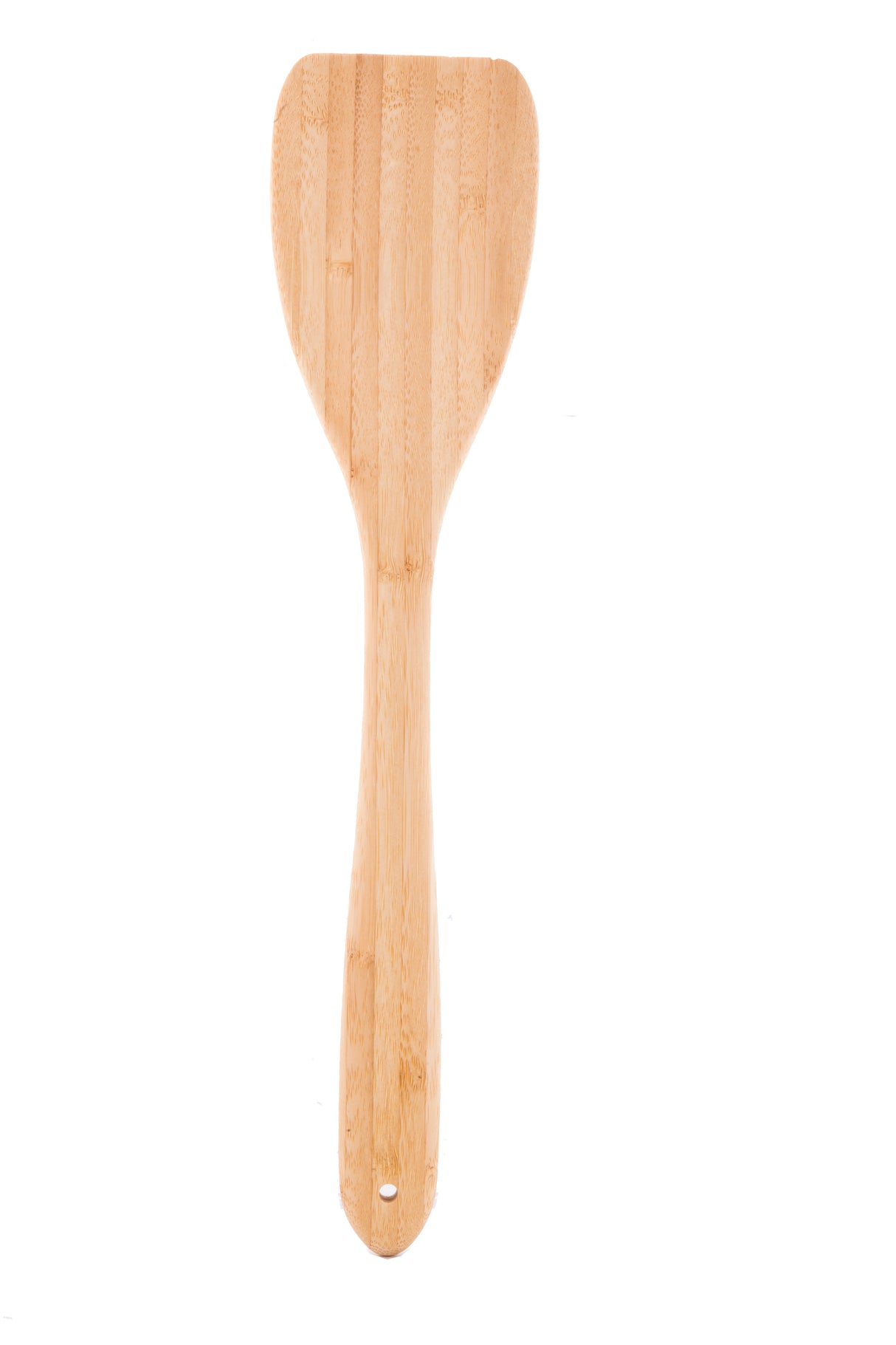 The TableCraft 700006 bamboo turner features a wide, flat, slightly curved blade and a long handle. This solid kitchen utensil is crafted from light-colored wood with visible grain patterns and a small hole for hanging. White background.