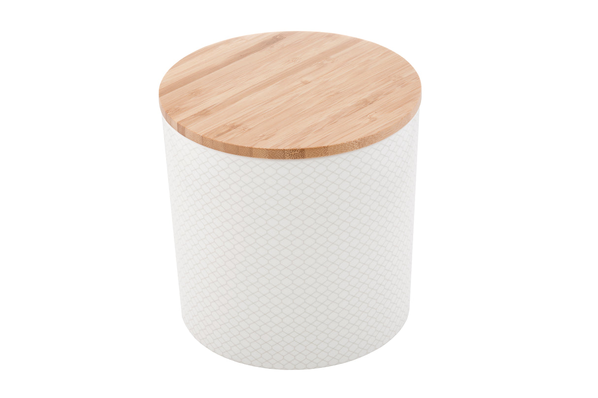 A cylindrical canister with a light-colored, bamboo lid and a white melamine body featuring a subtle, diamond-patterned texture. The photo is taken from above at an angle, highlighting the contrast between the wood top and patterned base.