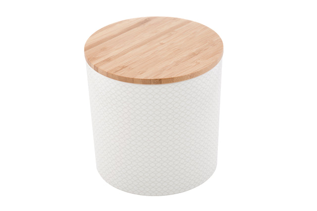 A cylindrical canister with a light-colored, bamboo lid and a white melamine body featuring a subtle, diamond-patterned texture. The photo is taken from above at an angle, highlighting the contrast between the wood top and patterned base.