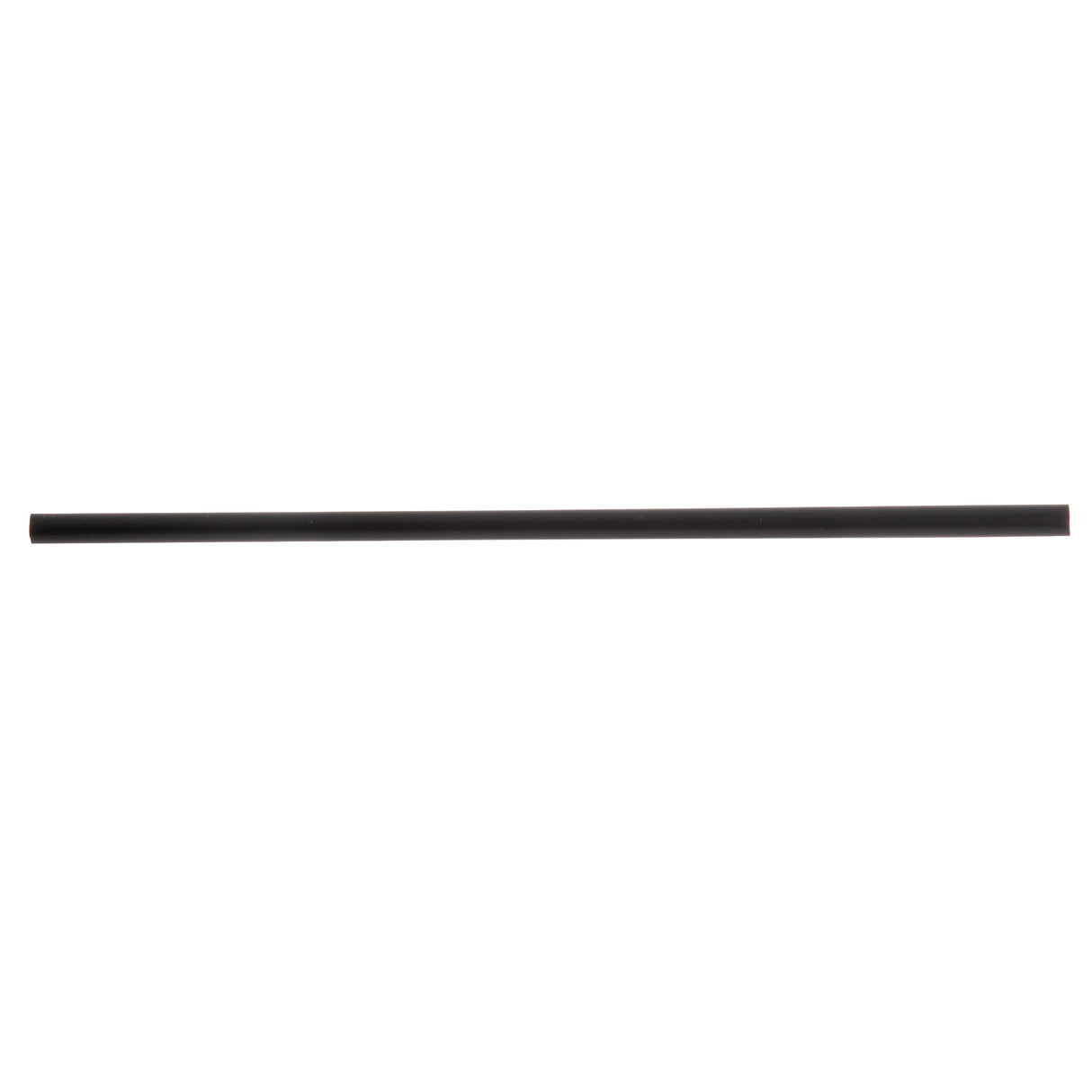 A single, straight, black straw is pictured horizontally on a plain white background. The black straw appears uniform in thickness and unadorned, with no visible markings or textures.
