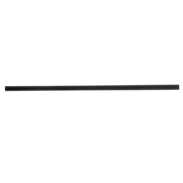 A single, straight, black straw is pictured horizontally on a plain white background. The black straw appears uniform in thickness and unadorned, with no visible markings or textures.