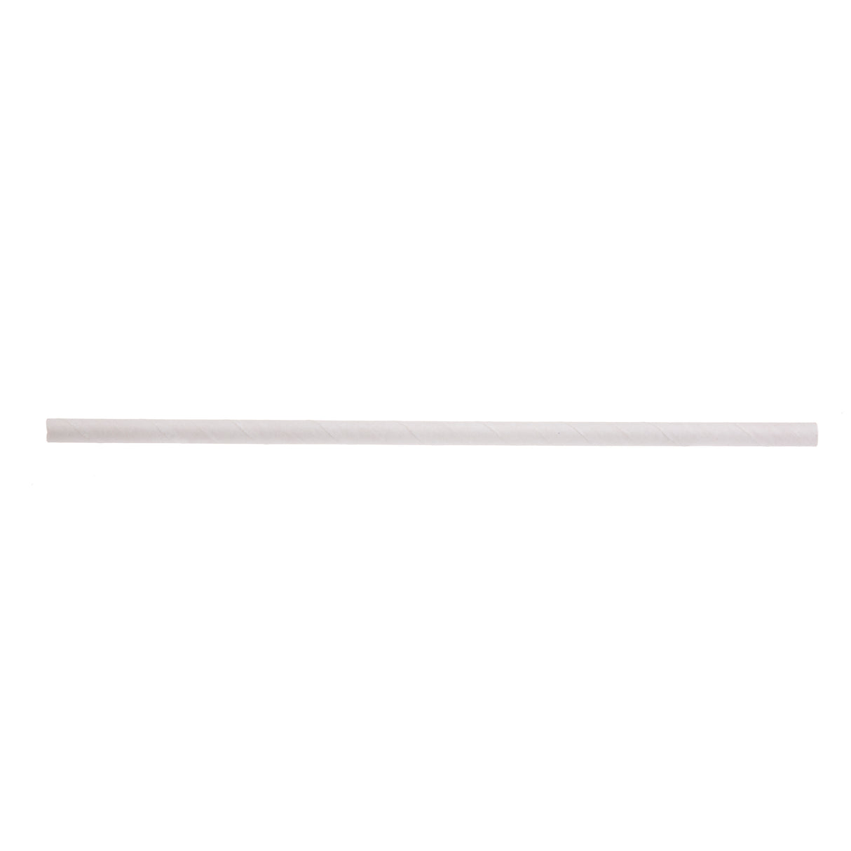 A single white TableCraft paper straw is centered on a plain, light background. The straw is straight, cylindrical, and smooth, with faint diagonal lines where the paper is wrapped. There are no visible patterns or logos.