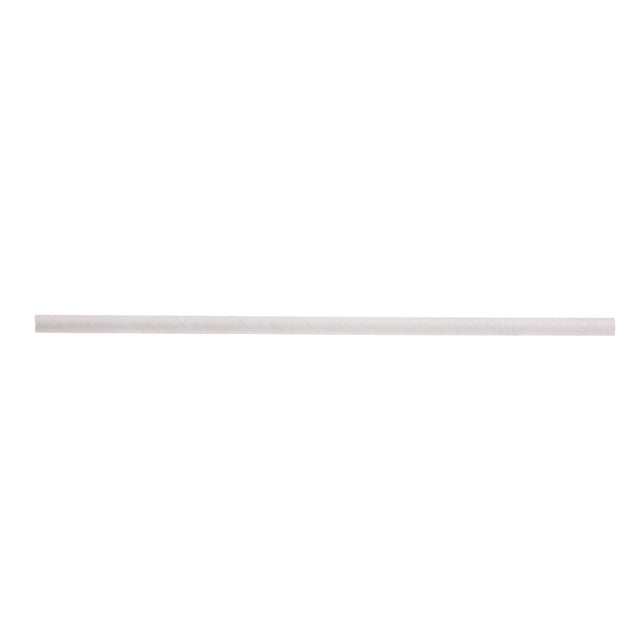 A single white TableCraft paper straw is centered on a plain, light background. The straw is straight, cylindrical, and smooth, with faint diagonal lines where the paper is wrapped. There are no visible patterns or logos.