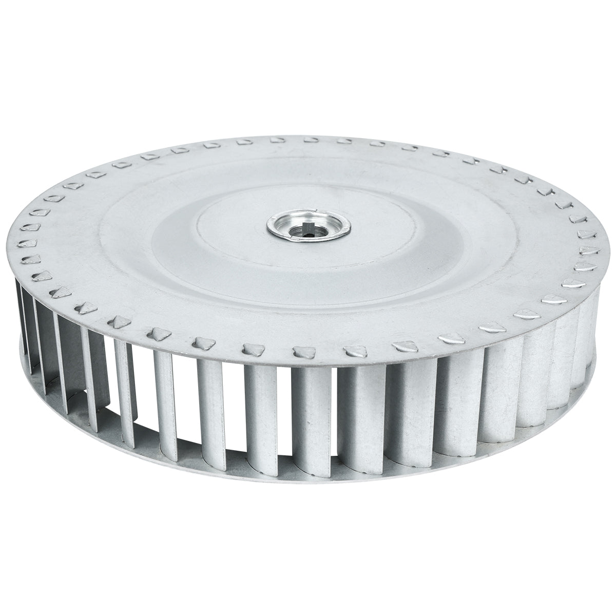 An Empura Parts ECO-613 blower wheel with a circular flat top, central mounting hole, and evenly spaced vertical blades; designed for moving air in HVAC systems. The metal blower is shown horizontally against a white background.