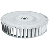 An Empura Parts ECO-613 blower wheel with a circular flat top, central mounting hole, and evenly spaced vertical blades; designed for moving air in HVAC systems. The metal blower is shown horizontally against a white background.