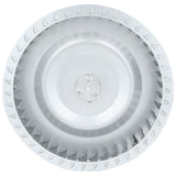 A metallic, circular ECO-613 blower wheel from Empura Parts with angled blades around the outer edge, viewed from above. The shiny silver surface features three center bolts, and the evenly spaced blades create a symmetrical pattern.