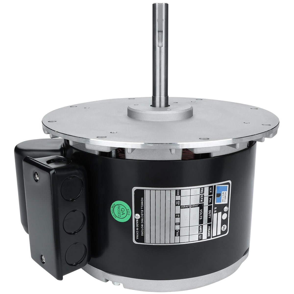 A black, cylindrical electric motor assembly with a silver mounting plate and protruding shaft on top. It features a black electrical box, data label, green inspection sticker, and is compatible with Empura Equipment or other Empura Parts.