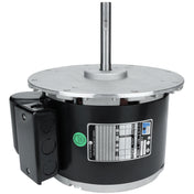 A black, cylindrical electric motor assembly with a silver mounting plate and protruding shaft on top. It features a black electrical box, data label, green inspection sticker, and is compatible with Empura Equipment or other Empura Parts.