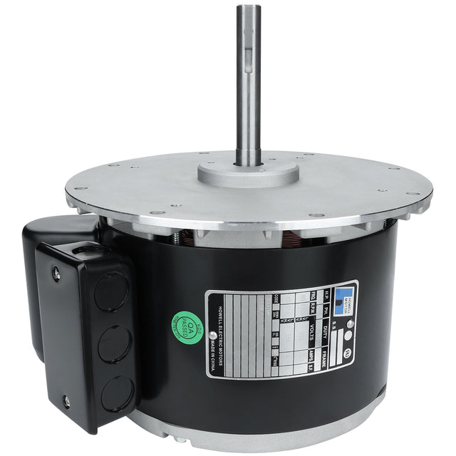 A black, cylindrical electric motor assembly with a silver mounting plate and protruding shaft on top. It features a black electrical box, data label, green inspection sticker, and is compatible with Empura Equipment or other Empura Parts.