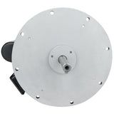 A close-up view of a circular metallic plate with a central rotating shaft protruding outward. The plate, part of an Empura Equipment motor assembly, features multiple evenly spaced holes near its edge and a black component partially visible on the left.