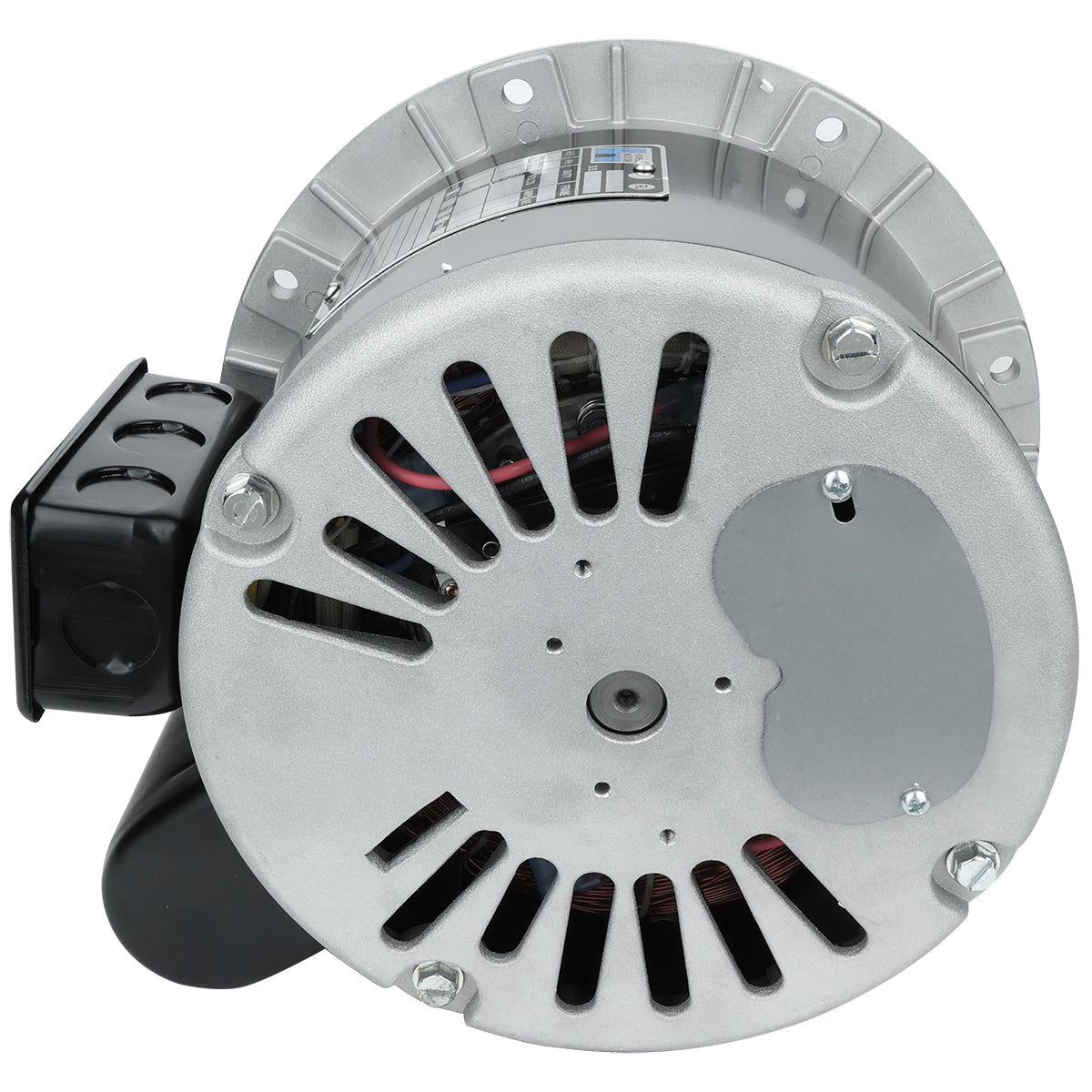 A close-up view of an electric motor assembly with a silver metallic casing. The end plate features vent slots and several bolts, while internal components are visible through the slots. A black mounting bracket is attached to the side. Suitable for Empura Equipment.