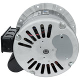 A close-up view of an electric motor assembly with a silver metallic casing. The end plate features vent slots and several bolts, while internal components are visible through the slots. A black mounting bracket is attached to the side. Suitable for Empura Equipment.