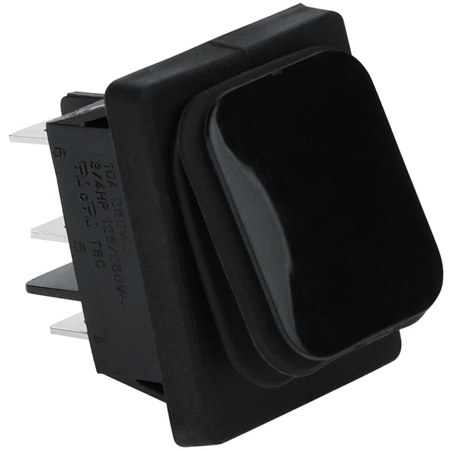A close-up of a black rectangular rock switch with a slightly raised, rounded top and multiple metal prongs for electrical connections on the side. The switch is made of plastic and is designed for panel mounting in Empura Equipment.