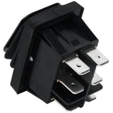 A close-up of a black rectangular Empura Parts rock switch, shown at an angle. The switch features multiple flat metal prongs underneath for wiring and a sturdy plastic housing, likely designed for Empura Equipment panel mounting. Molded labeling and symbols are visible.