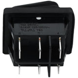 A close-up view of a black rectangular rock switch from Empura Equipment shows six silver prongs extending from the bottom. Electrical ratings and certification symbols, such as “10A 250V~” and “3/4HP 125/250V~,” are printed in white on the side.
