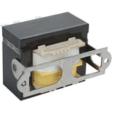 A close-up of an ECO-613 electrical transformer from Empura Parts shows a black rectangular casing, exposed yellow wire coils, and a silver metal mounting bracket. The transformer supports voltage change, with internal components visible through clear resin.
