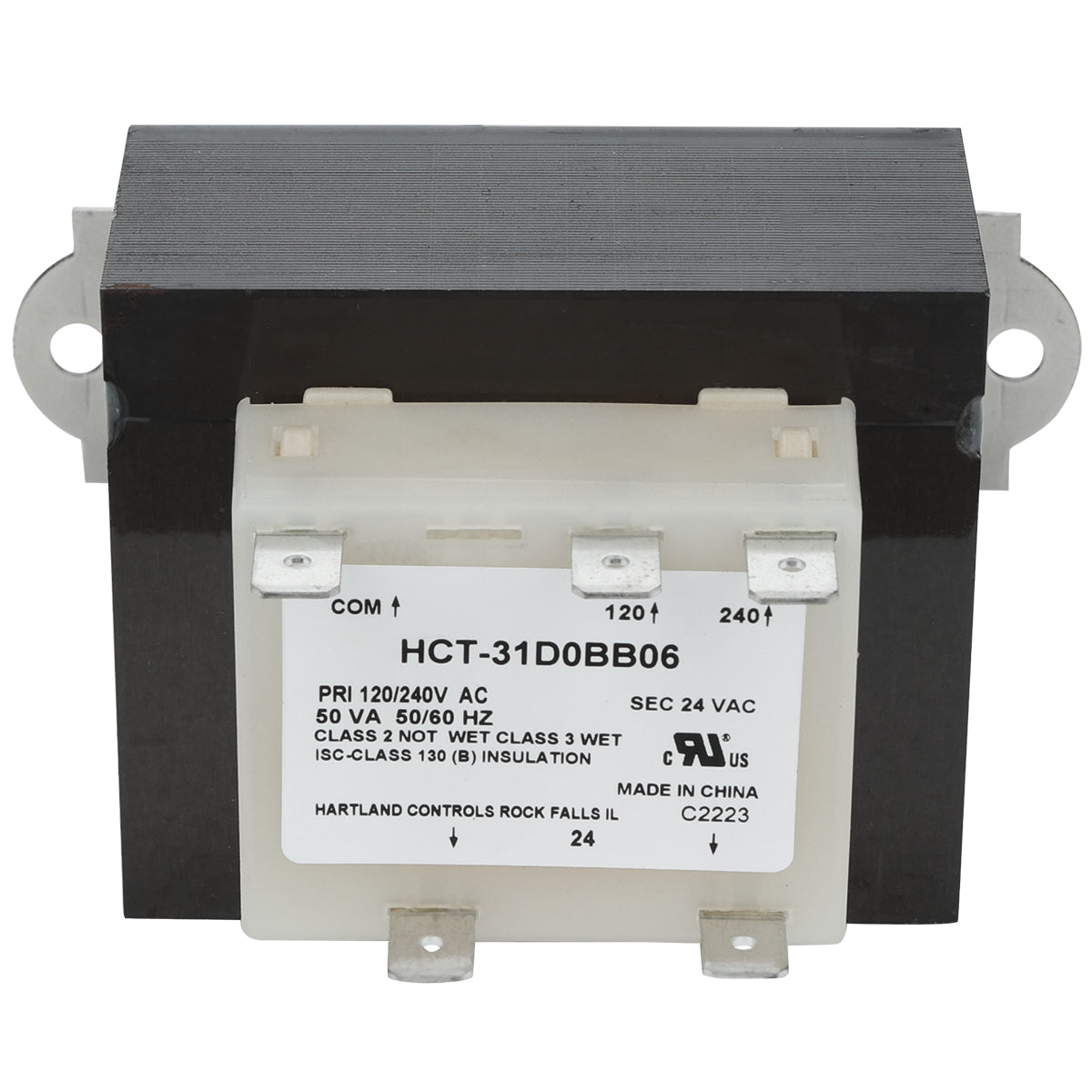 A rectangular electrical transformer labeled HCT-31D0BB06 with black top and white bottom. It features metal mounting tabs, voltage change details, and a label showing ECO-613, Hartland Controls, safety certifications, and Empura Parts.
