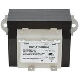 A rectangular electrical transformer labeled HCT-31D0BB06 with black top and white bottom. It features metal mounting tabs, voltage change details, and a label showing ECO-613, Hartland Controls, safety certifications, and Empura Parts.