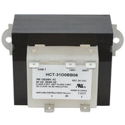 A rectangular electrical transformer labeled HCT-31D0BB06 with black top and white bottom. It features metal mounting tabs, voltage change details, and a label showing ECO-613, Hartland Controls, safety certifications, and Empura Parts.