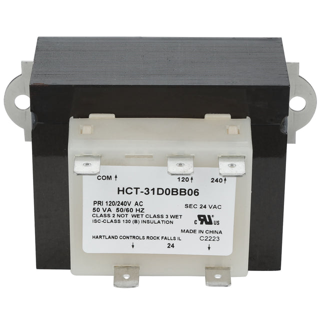 A rectangular electrical transformer labeled HCT-31D0BB06 with black top and white bottom. It features metal mounting tabs, voltage change details, and a label showing ECO-613, Hartland Controls, safety certifications, and Empura Parts.