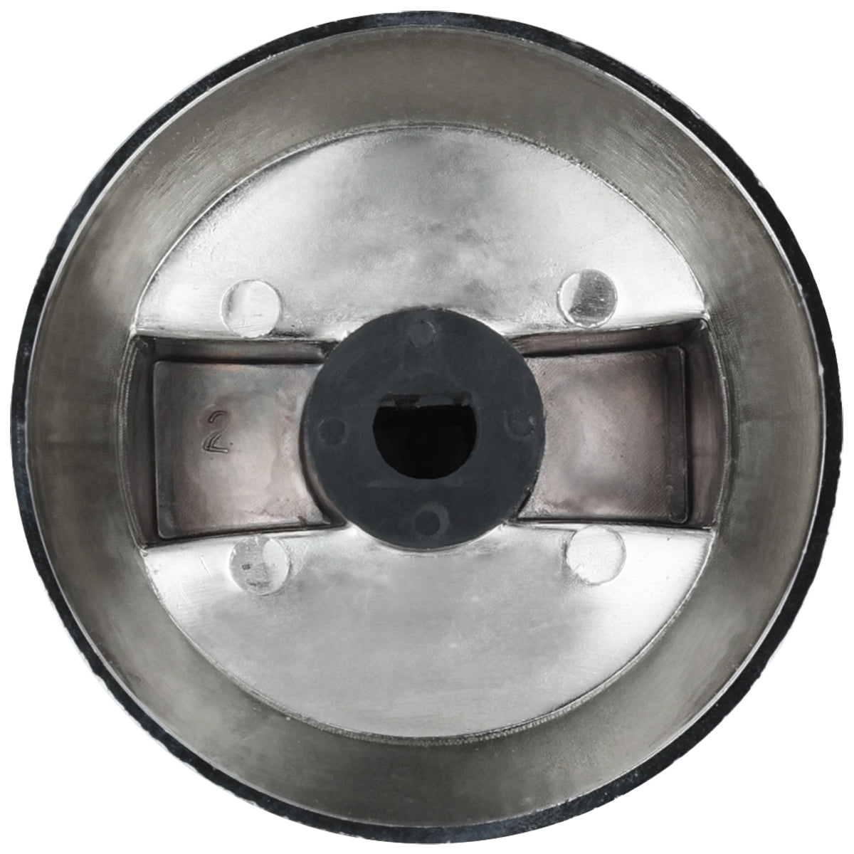 A close-up, top-down view of a metallic piston component from Empura Equipment, showing a circular chamber with a central hole, two curved indentations, and four small circular marks. The smooth surface is industrial, likely part of an engine or machinery.