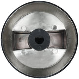 A close-up, top-down view of a metallic piston component from Empura Equipment, showing a circular chamber with a central hole, two curved indentations, and four small circular marks. The smooth surface is industrial, likely part of an engine or machinery.