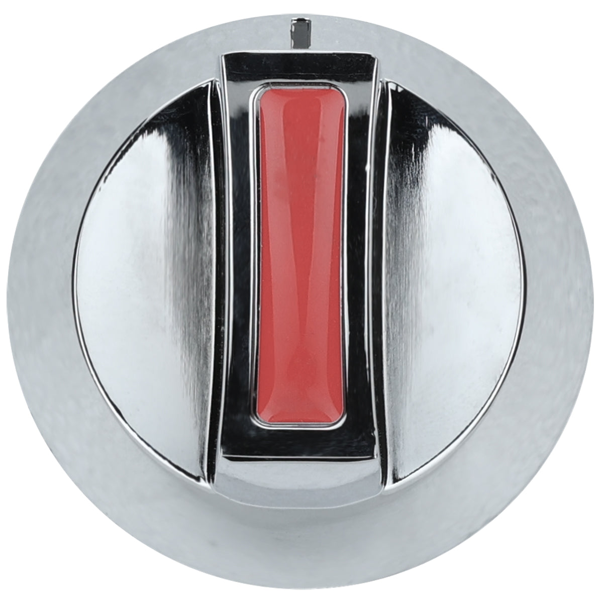 A close-up, top-down view of a shiny, metallic burner knob with a red vertical grip in the center, featuring reflective chrome-like surfaces and a small notch at the top, isolated on a white background—compatible with Empura Equipment.