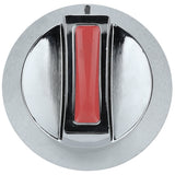 A close-up, top-down view of a shiny, metallic burner knob with a red vertical grip in the center, featuring reflective chrome-like surfaces and a small notch at the top, isolated on a white background—compatible with Empura Equipment.
