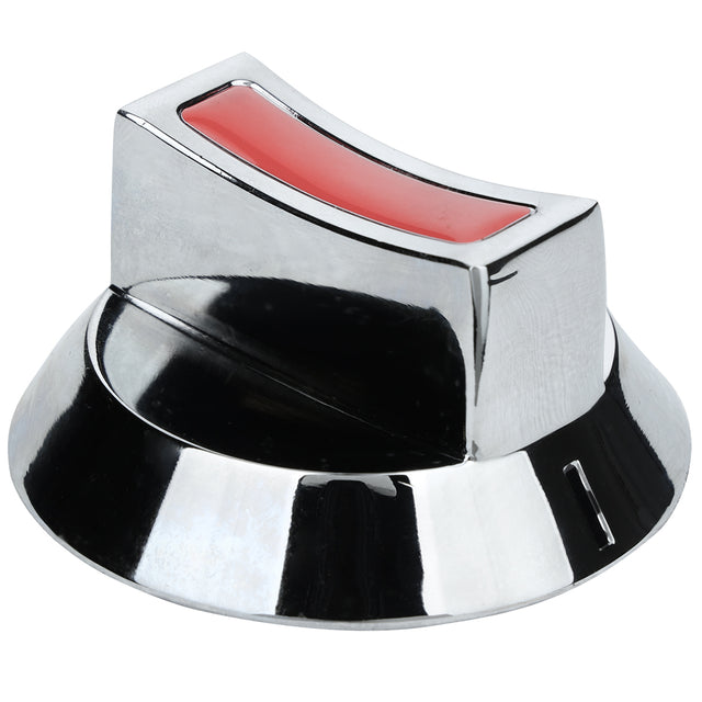 A shiny, metallic burner knob with a wide, round base and a raised grip. The grip has a red rectangular accent on top, black detailing along the edges, and reflective surface. This Empura Parts knob is isolated on a white background.
